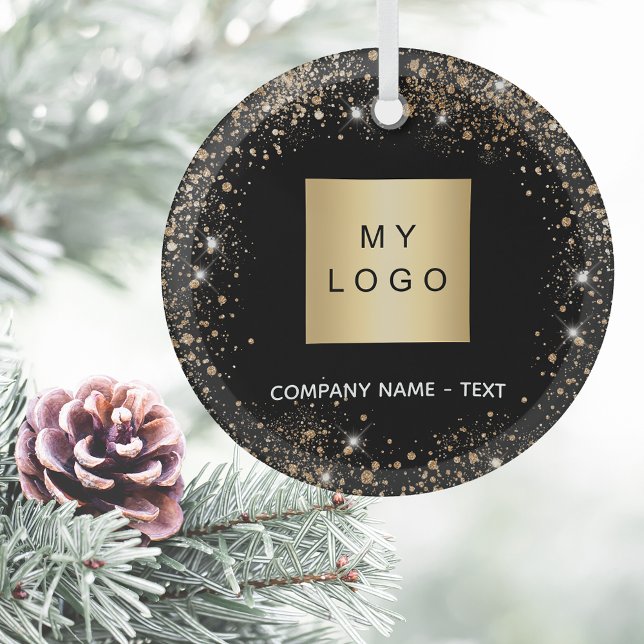 Black gold glitter business company logo glass ornament (Creator Uploaded)