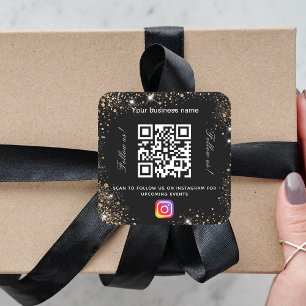 Black gold glitter business name qr code instagram square sticker