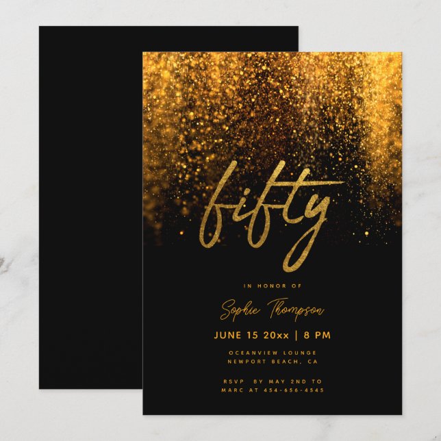 Black Gold Glitter Calligraphy Elegant 50 Birthday Invitation (Front/Back)