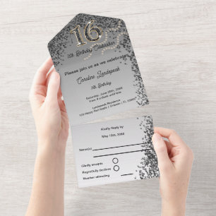 Black & Gold Glitter Calligraphy Number Sweet 16 All In One Invitation