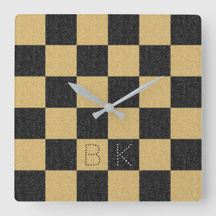 Black Gold Glitter Checkered Chic Trendy Monogram Square Wall Clock