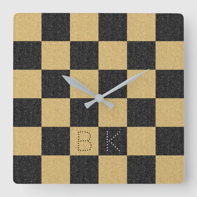 Black Gold Glitter Checkered Chic Trendy Monogram Square Wall Clock (Front)