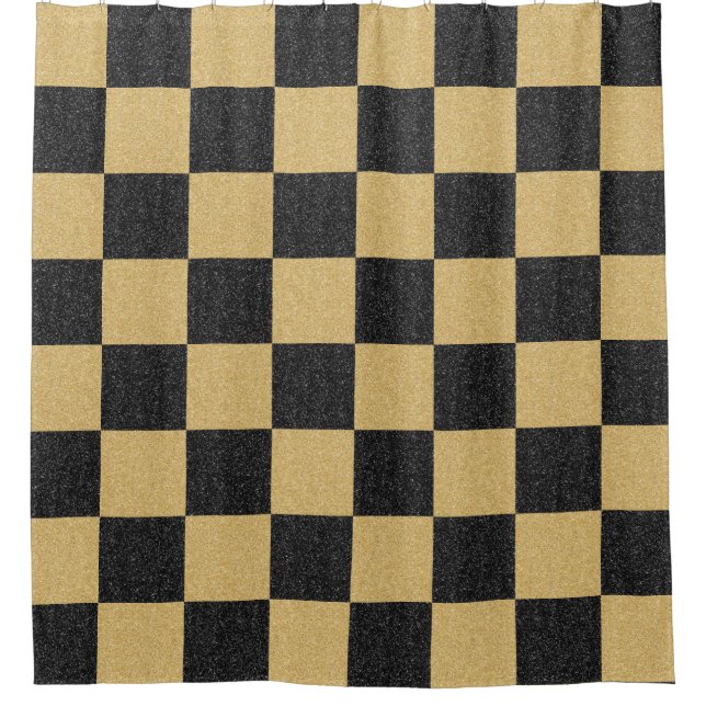Black Gold Glitter Checkered Classy Trendy Pattern Shower Curtain (Front)