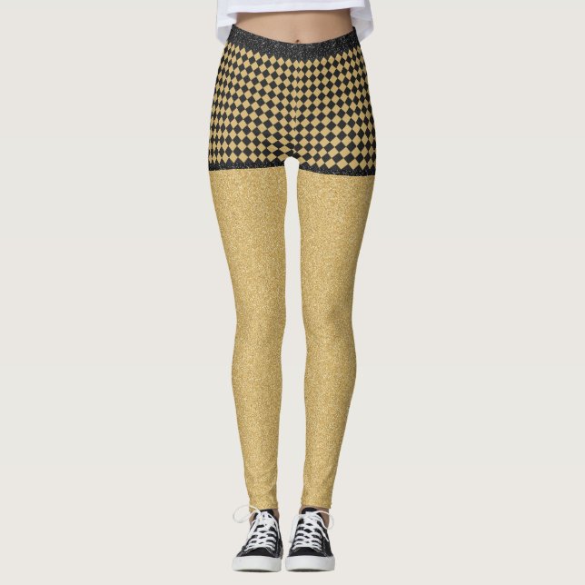 Black Gold Glitter Checkered Girly Trendy Pattern Leggings (Front)