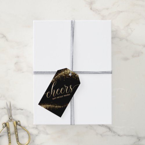 Black Gold Glitter Cheers Birthday Gift Tags