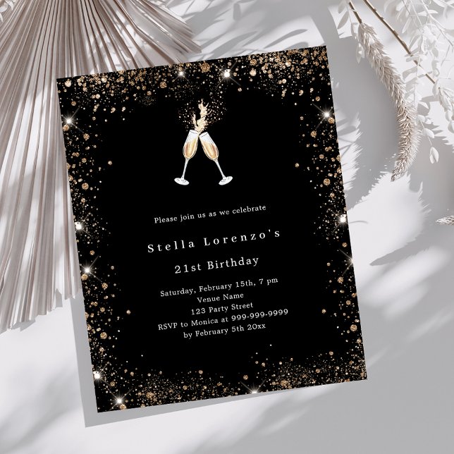 Black gold glitter cheers birthday invitation (Creator Uploaded)