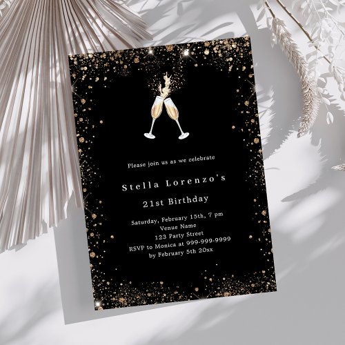 Black gold glitter cheers luxury birthday invitation