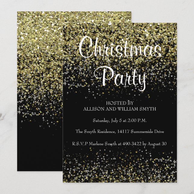 Black & Gold Glitter Christmas Party Invitations (Front/Back)