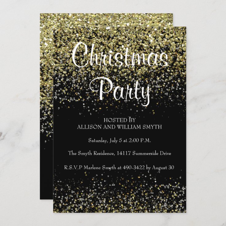 Black & Gold Glitter Christmas Party Invitations | Zazzle