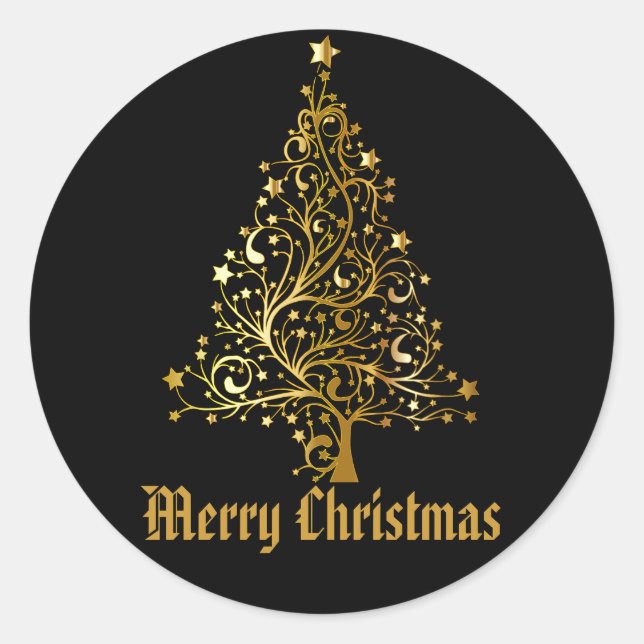 Black Gold Glitter Christmas Tree Holiday Classic Round Sticker (Front)