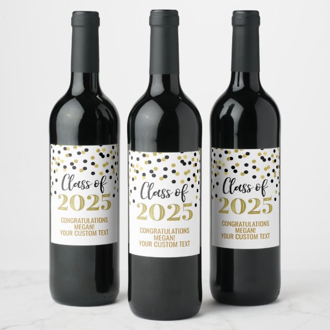 Black Gold Glitter Class of 2025 Graduation Wine Label (Bottles)