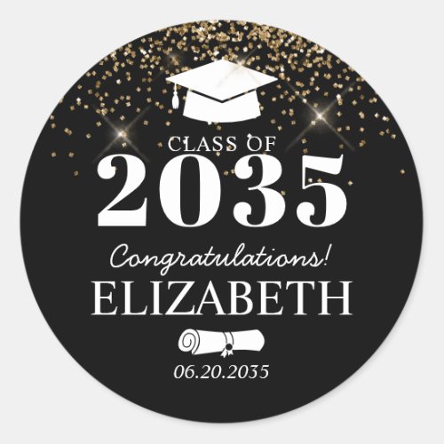 Black Gold Glitter Class of Grad Graduation Party Classic Round Sticker