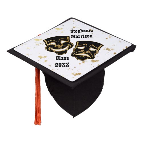 Black Gold Glitter Comedy and Tragedy Personalized Graduation Cap Topper