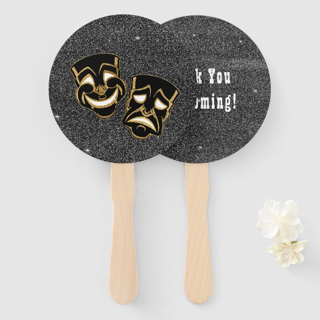 Black Gold Glitter Comedy and Tragedy Theater Hand Fan (Front and Back)