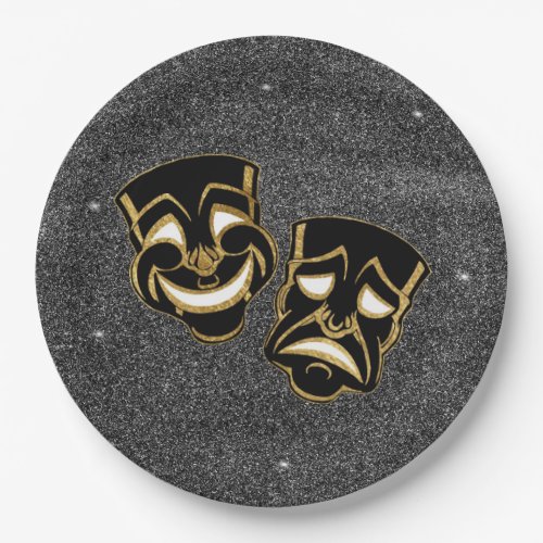 Black Gold Glitter Comedy and Tragedy Theater Paper Plates