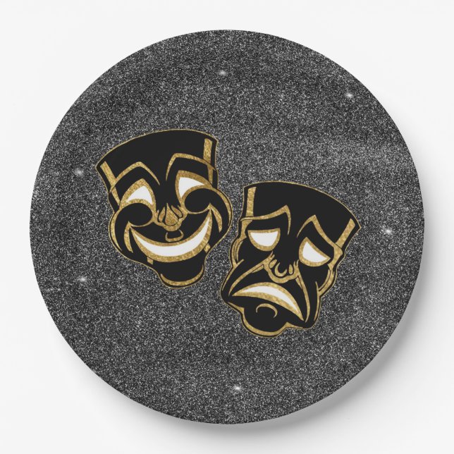 Black Gold Glitter Comedy and Tragedy Theater Paper Plates (Front)