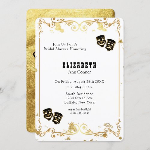 Black Gold Glitter Comedy  Tragedy Bridal Shower Invitation