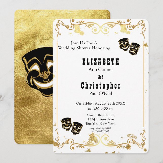 Black Gold Glitter Comedy & Tragedy Wedding Shower Invitation (Front/Back)