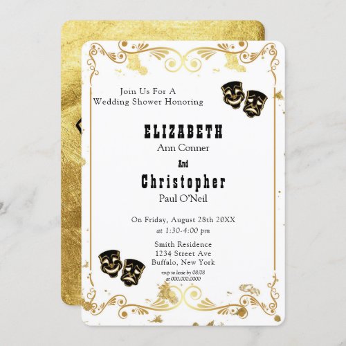 Black Gold Glitter Comedy  Tragedy Wedding Shower Invitation