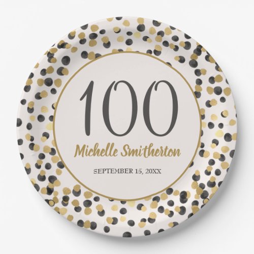Black Gold Glitter Confetti 100th Birthday Paper Plates