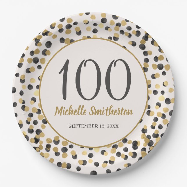 Black Gold Glitter Confetti 100th Birthday Paper Plates (Front)