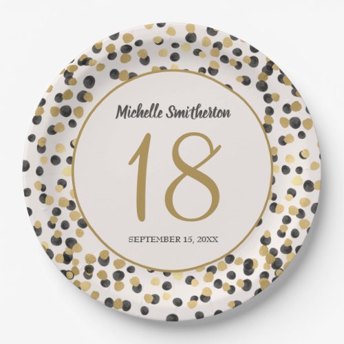 Black Gold Glitter Confetti 18th Birthday Paper Plates