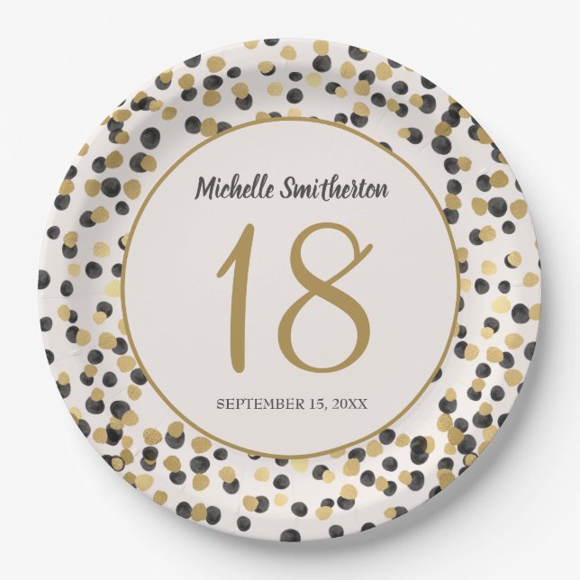 Black Gold Glitter Confetti 18th Birthday Paper Plates (Front)