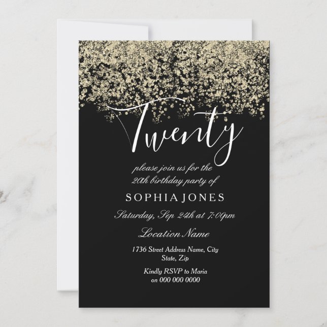 Black Gold Glitter Confetti 20th birthday party Invitation (Front)