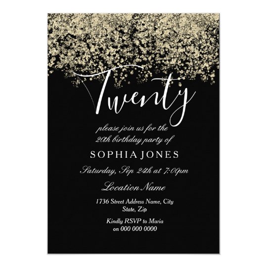 black gold glitter confetti 20th birthday party invitation zazzle com
