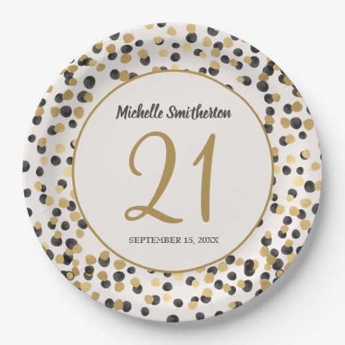 Black Gold Glitter Confetti 21st Birthday Paper Plates
