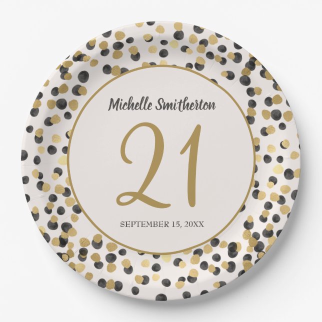 Black Gold Glitter Confetti 21st Birthday Paper Plates (Front)