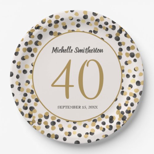 Black Gold Glitter Confetti 40th Birthday Paper Plates