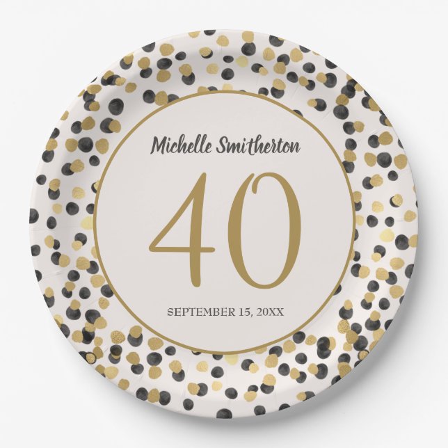 Black Gold Glitter Confetti 40th Birthday Paper Plates (Front)