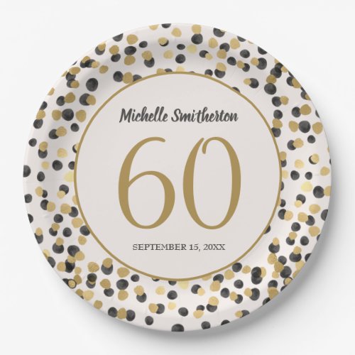 Black Gold Glitter Confetti 60th Birthday Paper Plates