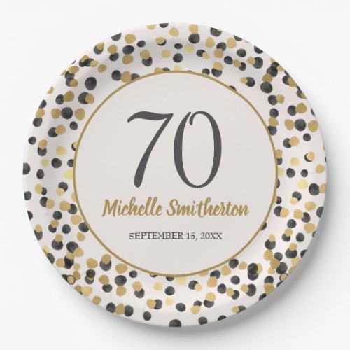 Black Gold Glitter Confetti 70th Birthday Paper Plates