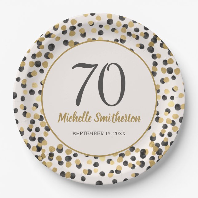Black Gold Glitter Confetti 70th Birthday Paper Plates (Front)