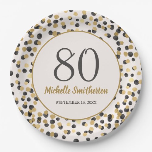Black Gold Glitter Confetti 80th Birthday Paper Plates