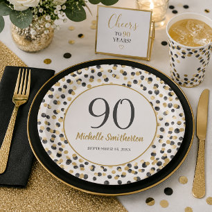 Black Gold Glitter Confetti 90th Birthday Paper Plates