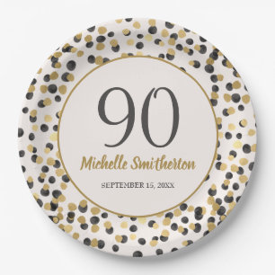 Black Gold Glitter Confetti 90th Birthday Paper Plates