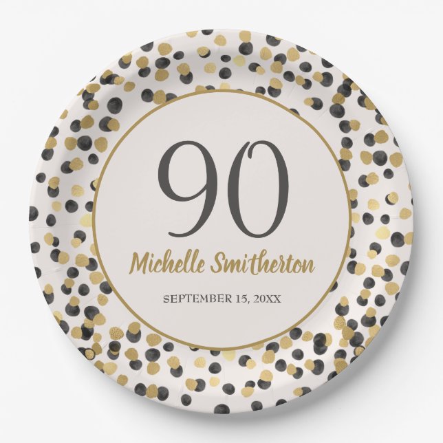 Black Gold Glitter Confetti 90th Birthday Paper Plates (Front)