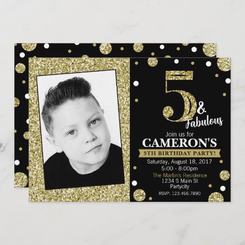 Black Gold Glitter Confetti Birthday Photo Invite