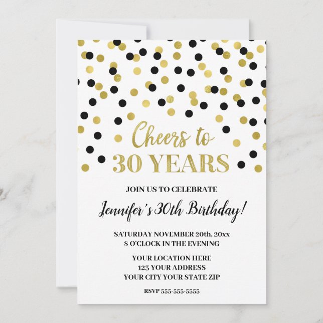 Black Gold Glitter Confetti Cheers to 30 Years Invitation (Back)