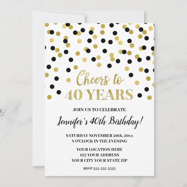 Black Gold Glitter Confetti Cheers to 40 Years Invitation | Zazzle