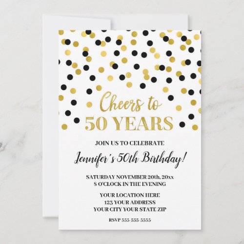 Black Gold Glitter Confetti Cheers to 50 Years Invitation