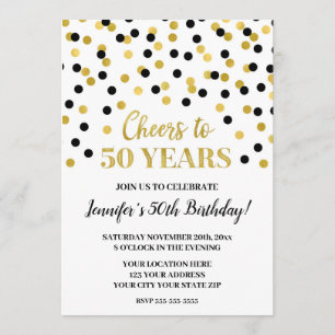 Black Gold Glitter Confetti Cheers to 50 Years Invitation