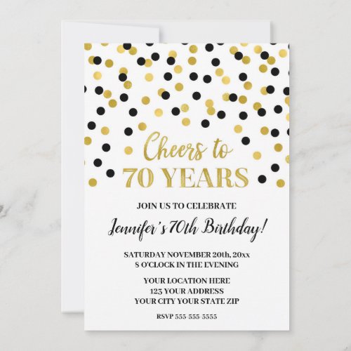 Black Gold Glitter Confetti Cheers to 70 Years Invitation