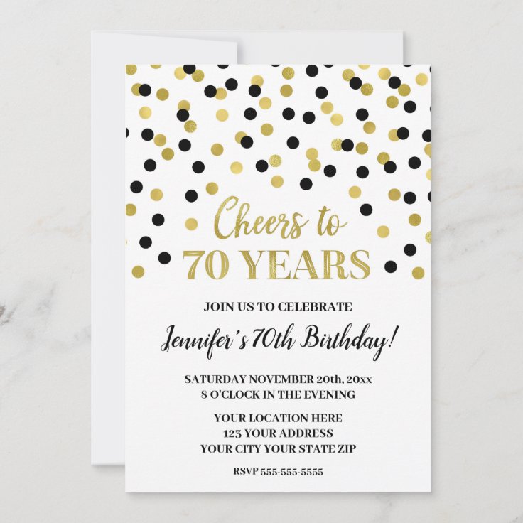 Black Gold Glitter Confetti Cheers To 70 Years Invitation 