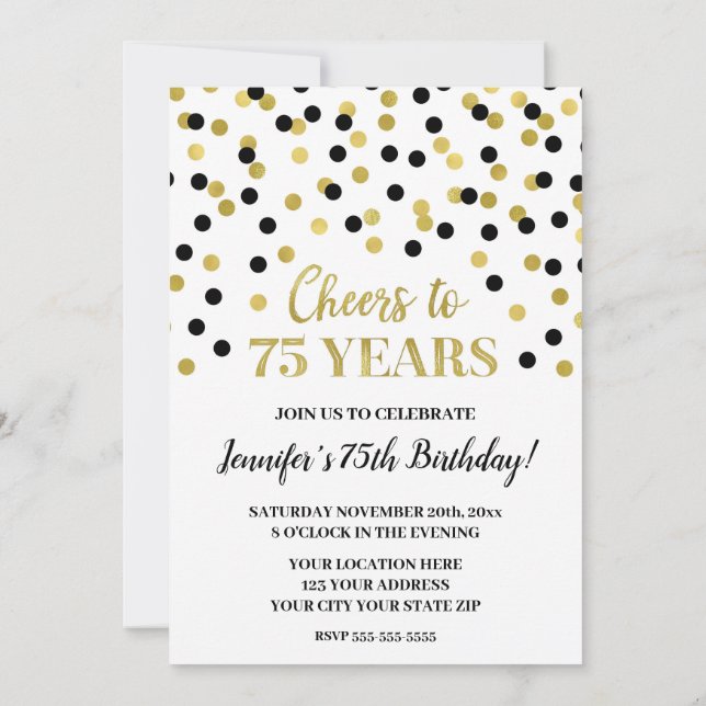 Black Gold Glitter Confetti Cheers to 75 Years Invitation (Back)
