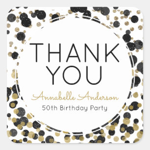 Black Gold Glitter Confetti Dot Thank You Birthday Square Sticker