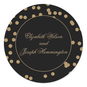 Black Gold Glitter Confetti Elegant Wedding Classic Round Sticker